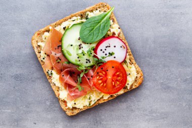 Krem peynirli, sebzeli ve salamlı mini sandviçler. Salatalıklı sandviçler, turp, domates, gri arka planda salam, üst manzara. Düz yatıyordu.