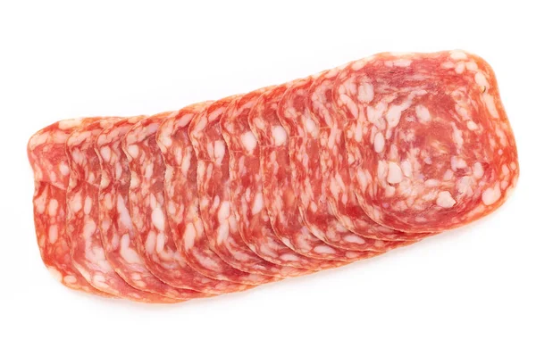 Salami Gerookte Worst Plakjes Geïsoleerd Witte Achtergrond — Stockfoto