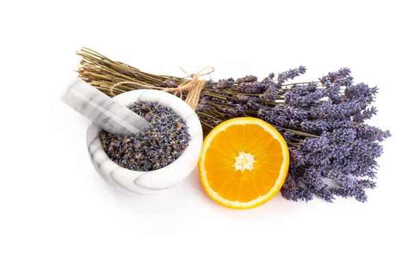 Natuurlijke Cosmetica Met Lavendel Sinaasappel Citroen Voor Zelfgemaakte Spa Witte — Stockfoto