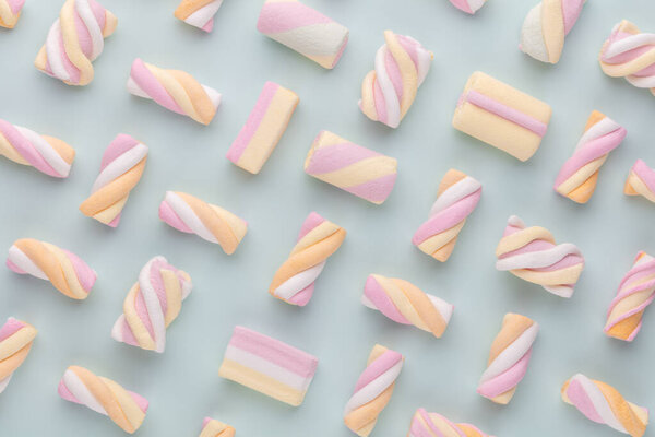 Colorful marshmallows background. Top view. Flat lay.