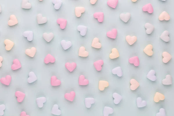 Valentine Day Background Composition Candy Hearts Pastel Blue Background Valentines — Stock Photo, Image