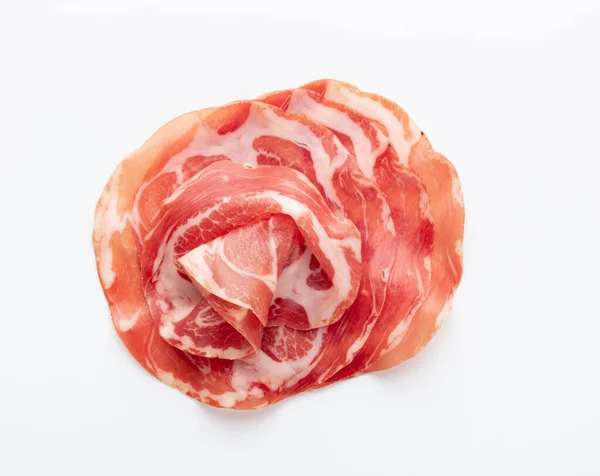 Crudo Prosciutto Italiano Prosciutto Crudo Isolato Sfondo Bianco — Foto Stock