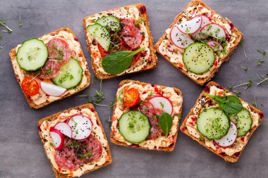 Krem peynirli, sebzeli ve salamlı sandviç. Salatalıklı sandviçler, turp, domates, gri arka planda salam, üst manzara. Düz yatıyordu.