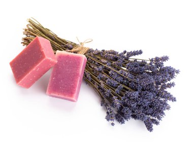 Lavanta ve turuncu doğal kozmetik ürünleri, beyaz arka planda ev yapımı spa için limon..