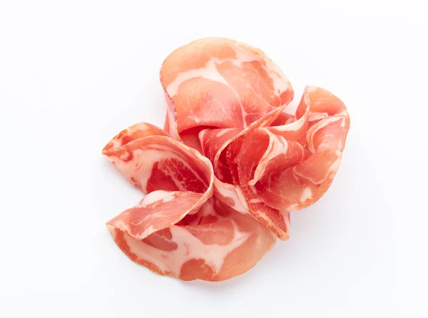 Crudo Prosciutto Italiano Prosciutto Crudo Isolato Sfondo Bianco — Foto Stock