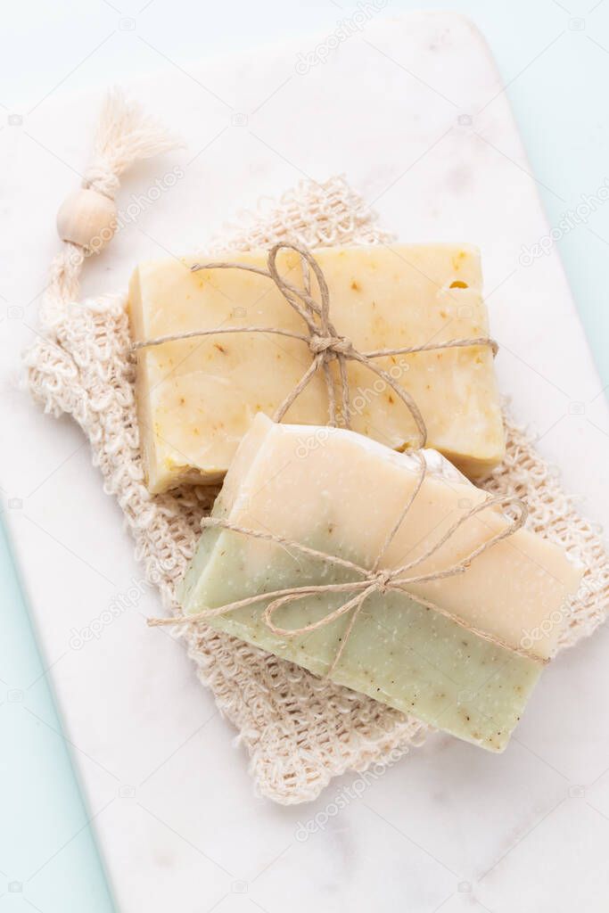 Natural handmade skincare. Organic soap bars with plants extracts.