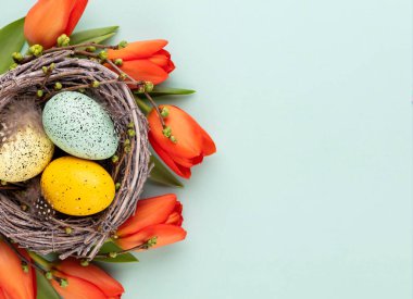 Bahar tebrik kartı. Paskalya yumurta yuvada. Bahar çiçekler.