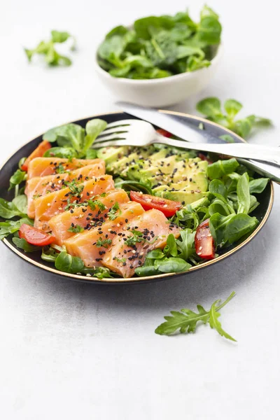 Salmon Fish Fillet Fresh Salad Avocado Top View — Stock Photo, Image