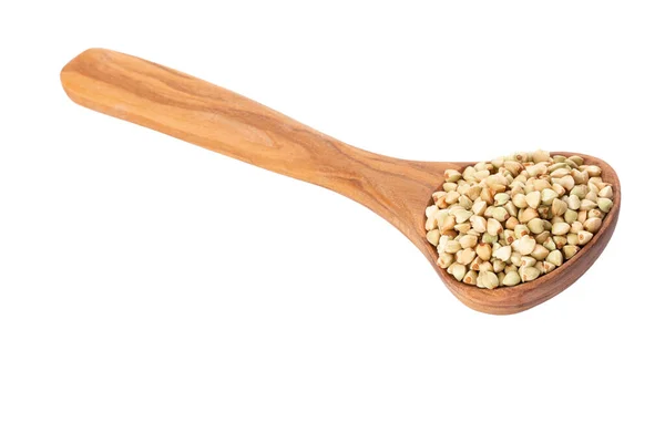 Raw Buckwheat Wooden Spoon White Background — Stock Photo, Image