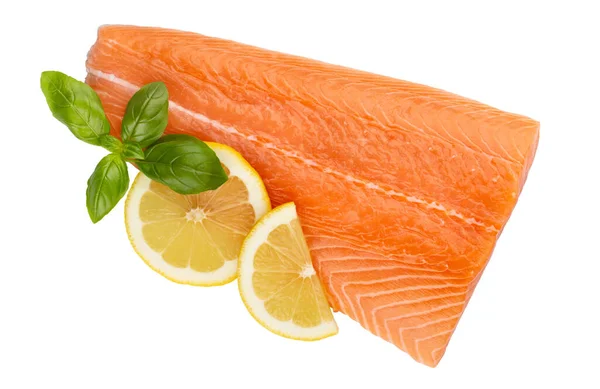 Slice Red Fish Salmon Lemon Basil Isolated White Background Top — Stock Photo, Image