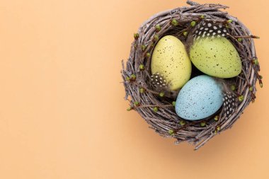 Yuvadaki Paskalya yumurtaları. Bahar tebrik kartı..