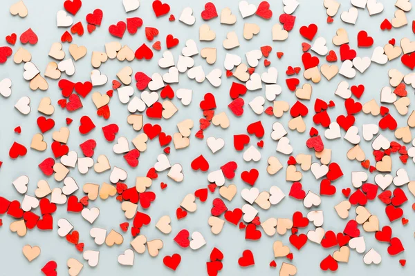 Valentinstag Hintergrund Pastell Herzen Auf Blauem Hintergrund Grußkarte — Stockfoto