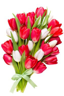 Bahar geldi. Beyaz ahşap arka planda kırmızı lale buketi.