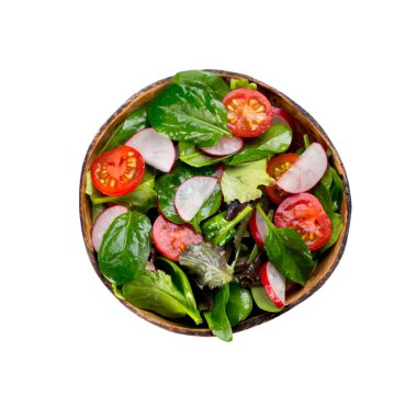 Bebek ıspanaklı ve domatesli taze salata, turp ve salata..