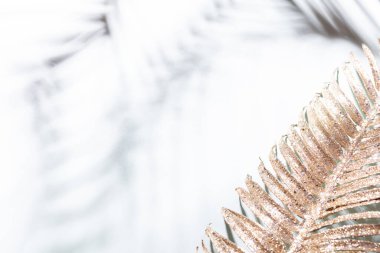 Mavi duvarda altın palmiye yaprakları ve gölgeler.