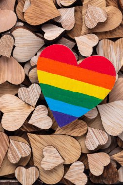 Tahta kalp üzerine LGBT gurur bayrağı gibi boyanmış ahşap bir kalp. Tebrik kartı.