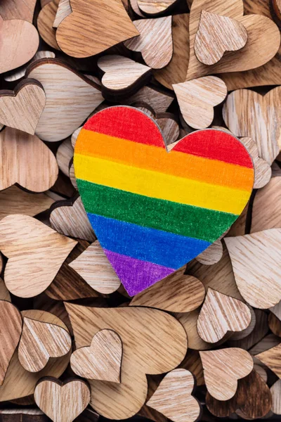 Painted Wooden Heart Lgbt Pride Rainbow Flag Wooden Heart Background — Stockfoto