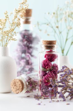 Şişeli kurumuş homeopati çiçekleri. Doğal şifalı bitkiler. Bitkisel ilaçlar. Homeopati alternatif tıp geçmişlerini sonlandırdı.