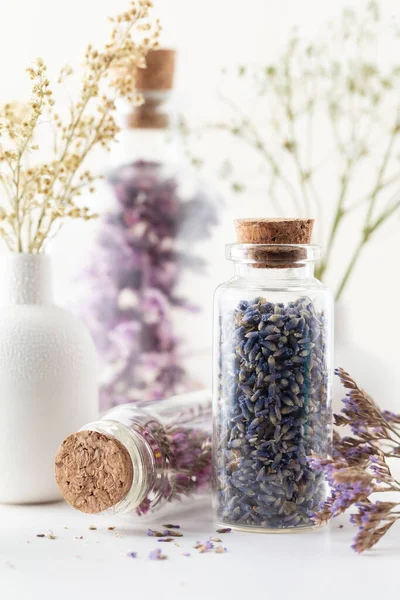Dried Lavender Flowers Bottle Natural Herbs Medicine Herbal Medicine Homeopathy — Stock Photo, Image
