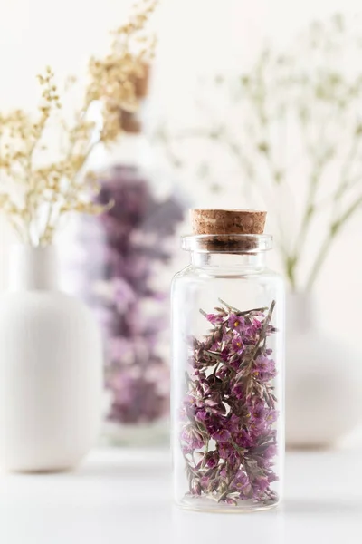 Getrocknete Homöopathie Blumen Mit Flasche Natürliche Kräutermedizin Kräutermedizin Homöopathie Beendet — Stockfoto