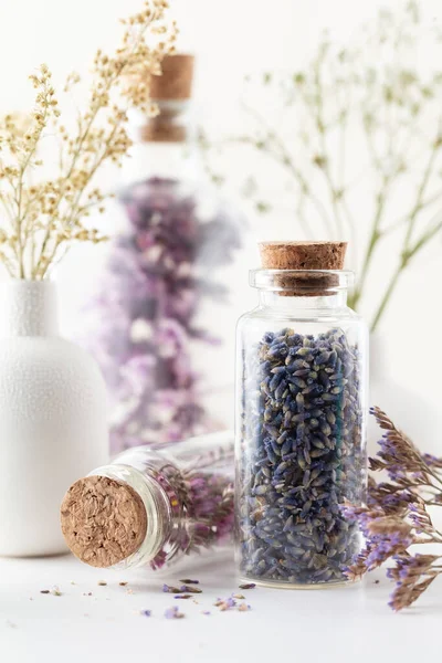 Dried Lavender Flowers Bottle Natural Herbs Medicine Herbal Medicine Homeopathy Imagen de archivo