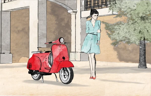 Jonge vrouw en rode scooter — Stockfoto