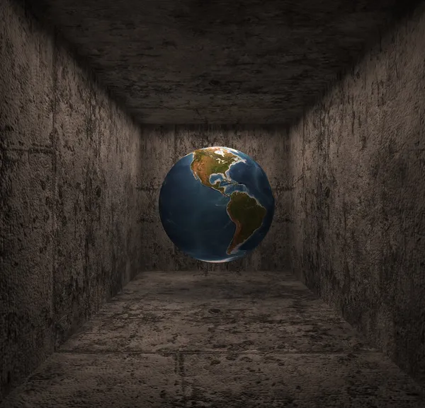 3D render globe falling in a stone well or being in a stone room — Stock Photo, Image
