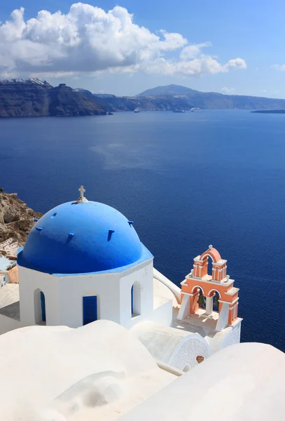 Blue dome and bells at Santorini island in Greece. — Stock Photo, Image