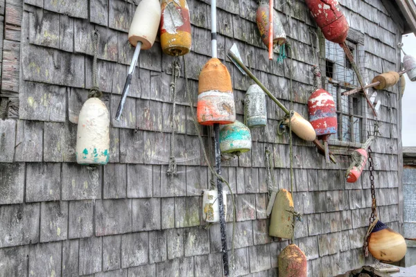 Lobster Buoys Various Color Shack Ocean Side — Stock Photo, Image