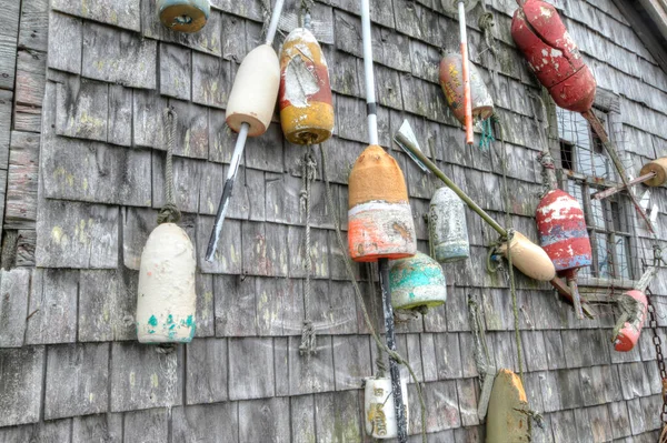 Lobster Buoys Various Color Shack Ocean Side — Stock Photo, Image