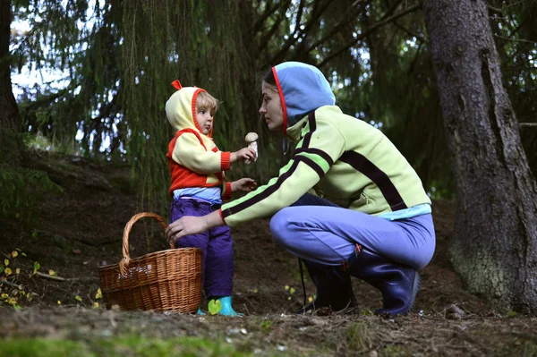 Mother and daughter picking mushrooms — Stock Photo, Image