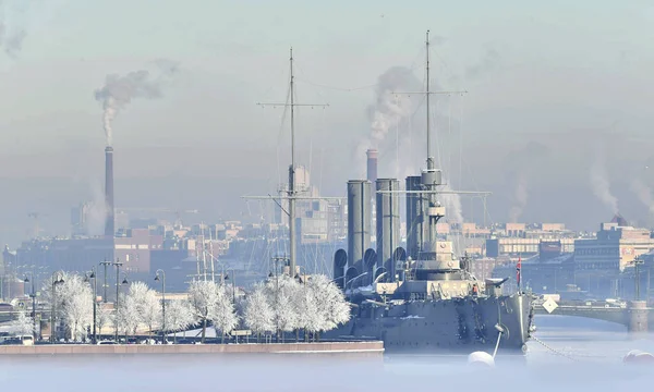 Saint Petersburg Russia February 2021 Aurora Cruiser Historical Battleship Frozen —  Fotos de Stock