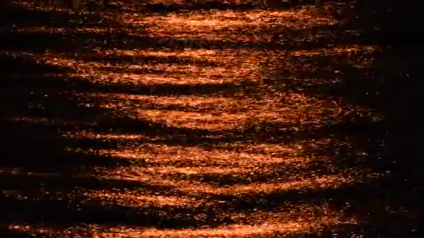 バックライトの水面 太陽の光が反射する 抽象的な赤輝く水のテクスチャ 太陽が海の真上に沈み大きな美しい光線が水面に反射しています リアルタイム — ストック動画