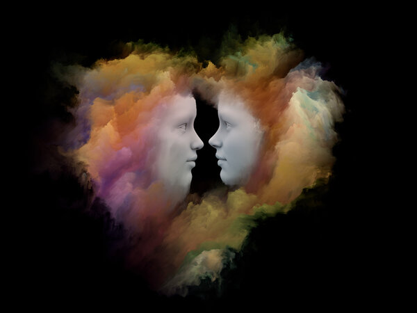Dreaming Heart series. Backdrop of Human profiles connected by heart shaped nebula, fractal forms and textures on the subject of love, imagination and unity