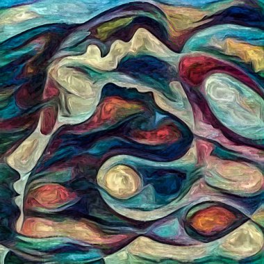 Hepimiz bu işin içindeyiz. İnsan siluetleri, insan durumunun şiirselliği üzerine soyut resim tarzıyla çizilmiştir..