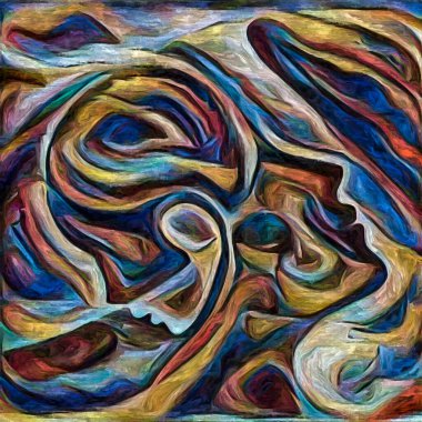 Hepimiz bu işin içindeyiz. İnsan siluetleri, insan durumunun şiirselliği üzerine soyut resim tarzıyla çizilmiştir..