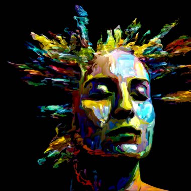 Etkileyici bir kadın portresi. Hayattaki ve sanattaki yaratıcı enerji konulu dijital boya darbelerinin arkaplan tasarımı