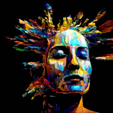 Etkileyici bir kadın portresi. Hayattaki ve sanattaki yaratıcı enerji konulu dijital boya darbelerinin arkaplan tasarımı