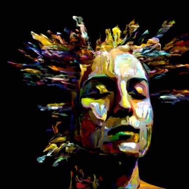 Etkileyici bir kadın portresi. Hayattaki ve sanattaki yaratıcı enerji projelerinde kullanılmak üzere dijital boya darbelerinin arkaplanı