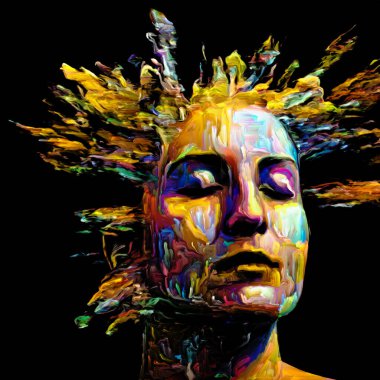 Etkileyici bir kadın portresi. Hayattaki ve sanattaki yaratıcı enerji konulu dijital boya darbelerinin sanatsal soyutlaması