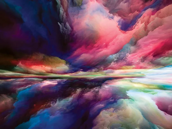 Gökkuşağı Aydınlanması. Gerçekliğe Kaçış dizisi. Manzara resimleri, hayal gücü, yaratıcılık ve sanat üzerine çalışmalar için gerçeküstü gün batımı renkleri ve dokularının görsel olarak hoş kompozisyonu