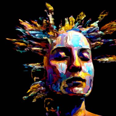 Etkileyici bir kadın portresi. Hayattaki ve sanattaki yaratıcı enerjiyle ilgili dijital boya darbelerinin etkileşimi