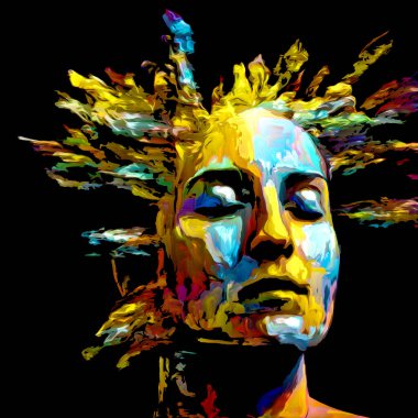 Etkileyici bir kadın portresi. Hayattaki ve sanattaki yaratıcı enerji için dijital boya darbelerinden oluşan soyut tasarım