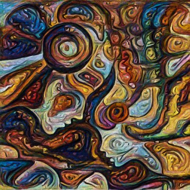 Hepimiz bu işin içindeyiz. İnsan siluetleri, insan durumunun şiirselliği üzerine soyut resim tarzıyla çizilmiştir..