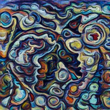 Hepimiz bu işin içindeyiz. İnsan siluetleri, insan durumunun şiirselliği üzerine soyut resim tarzıyla çizilmiştir..