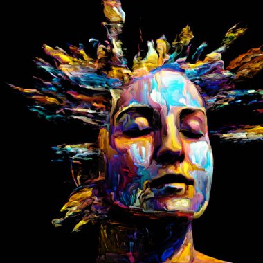 Etkileyici bir kadın portresi. Hayattaki ve sanattaki yaratıcı enerji için dijital boya darbelerinden oluşan soyut tasarım
