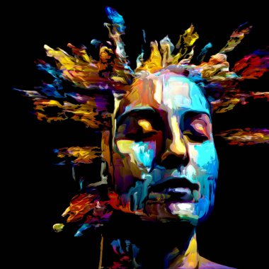 Etkileyici bir kadın portresi. Hayattaki ve sanattaki yaratıcı enerji konulu dijital boya darbelerinin arkaplan tasarımı