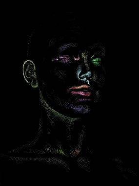 Nokta Hazırlama serisi. Bir insan modelinin 3 boyutlu görüntüleme tekniği noktalama tekniğiyle uygulanır..