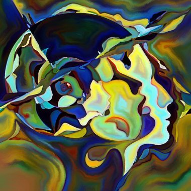 Parçalanmış Self serisi. İnsan yüzü ana hatları ve insan ilişkileri, zihin, psikoloji, iç dünya, yaratıcılık, zihinsel hastalık ve sanat konuları üzerine boyanmış desen kompozisyonu.