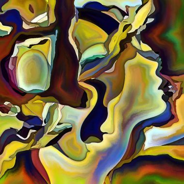 Parçalanmış Self serisi. İnsan yüzü ana hatları ve insan ilişkileri, zihin, psikoloji, iç dünya, yaratıcılık, zihinsel hastalık ve sanat konuları üzerine boyanmış desen kompozisyonu.